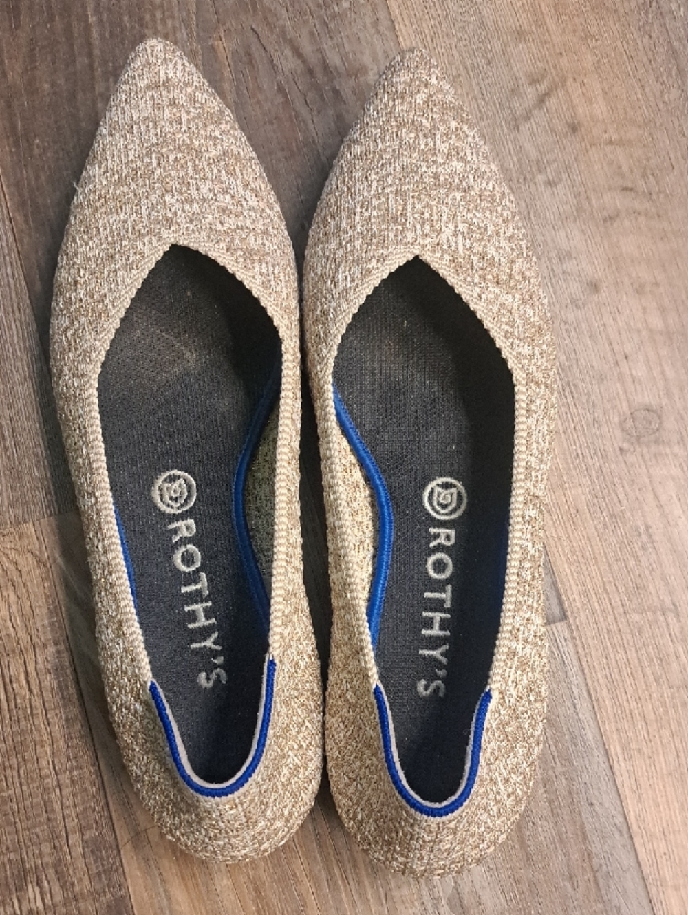Rothy's Metallic Gold Pointed Knit Flats with Blue Trim 10 - Picture 2 of 7